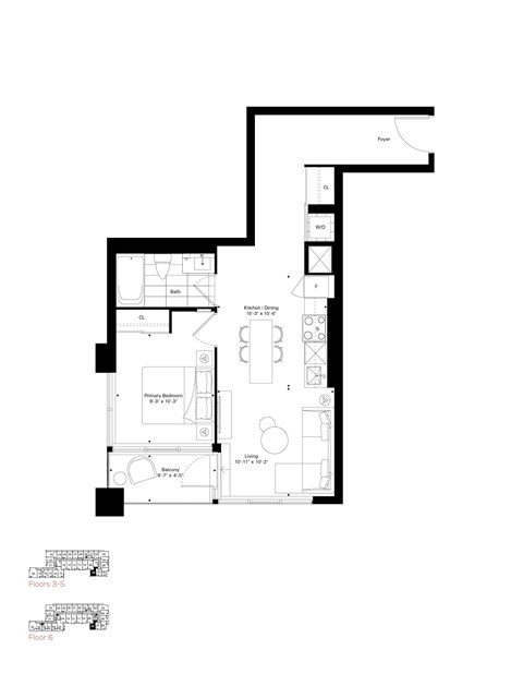 Floor plan for 1 bed, 1 bath, 639 sqft